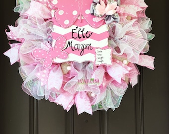 Deluxe Personalized Pink Burlap Butterfly Baby Wreath, Hospital Door Wreath, Newborn Announcement, Butterfly Wreath, Baby Hospital Door Sign