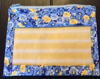Blue and Yellow Floral and Striped Vinyl Pouch