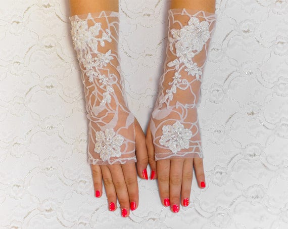 White fingerless gloves with lacing, wedding gloves, bridal gloves, evening gloves prom gloves Wedding Bridal Accessories 01
