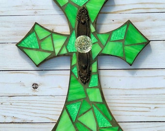 Lime Green mosaic cross, stained glass cross with antique door knob, Religious Cross, mosaic wall hanging, decorative cross, mosaic wall dec