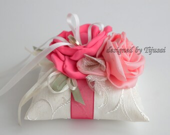 Small Wedding pillow with 2 pink flowers ---ring bearer pillow, wedding rings pillow, wedding pillow, ready to ship