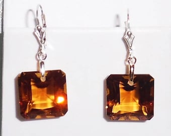 36ct Natural Emerald cut Madeira Citrine gemstones, Sterling Silver Leverback Earrings