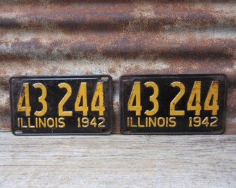 Vintage License Plate Illinois 1942 Matched set of 2 Black & Yellow 1940s Era Car Truck Automobile Rusted and Naturally Distressed Man Cave