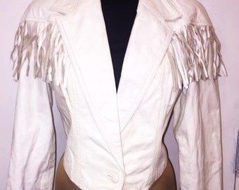 Vintage Cropped White Leather Fringe Jacket