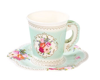 Mint Floral Teacup and Saucer Set | Floral Paper Cups Party Cups Bridal Tea Party Bridal Shower Bridal Brunch Mad Hatter Tea Bridal Tea TS