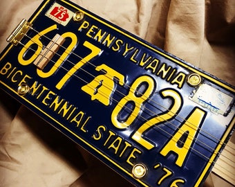 Fret-less Cigar Box Guitar "Vintage PA License Plate"