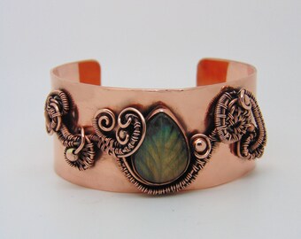 Labradorite Leaf Cuff - Wire Wrapped Jewellery - Copper Bangle - Copper Anniversary - Statement Bracelet - Nature Jewellery