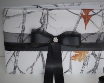 White Camo Guest Book with Black Satin Ribbon Accents, True Timber White Snowfall Camo Wedding Guest Book
