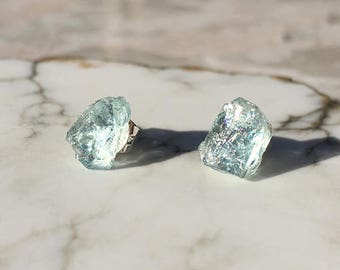 Raw Aquamarine Stud Earrings, Aquamarine Earrings, Raw Crystal Earrings, Raw Stone Earrings, March Birthstone, Birthstone Earrings