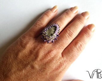 Embroidered ring, breton pebble, adjustable ring, stainless steel, Miyuki beads, imitation leather,pearl embroidery,baroque style * BAB1020