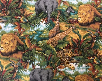 Animal Jungle Fabric / Lion / Giraffe / Elephant / Jaguar / 100% Cotton / Green Brown / Remnant 17 x 42 "