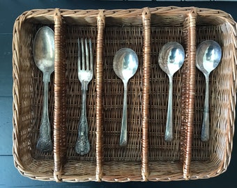 Vintage Utensil Tray, Divided Flatware Silverware Tray, Cutlery Utensil Tray, Rattan Drawer Organizer, Outdoor Entertaining, Picnic Supplies