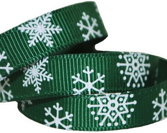 Snowflakes Green Grosgrain 3/8 inch wide