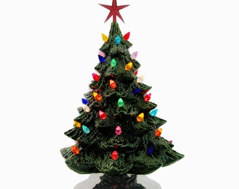 Dear Santa Ceramic Christmas Tree in Green 18 Inch Tall Multi Color Lights Detail Holly Base Topped With a Modern Star - Made to Order