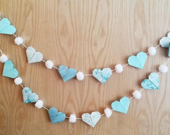 Blue Hearts and White Pom Pom Garland