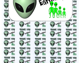 50 Alien Thank You Envelope Seals / Labels / Stickers, 1" by 1.5"