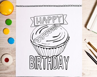 happy birthday coloring sheet, printable coloring page, downloadable coloring sheet, instant print at home and color, birthday gift present