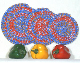 Fabric Hot Pads, Three Trivets, Coiled Fabric Trivets, Clothesline Coasters, French Fabric Mats, Protective Mats, Table Trivets, Hot Pads