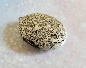 Ready to Fill (Empty) Solid Perfume Locket, Antique Sterling Silver Finish, 44mm x 33mm, with Refillable Pan -- "Katrine" #2149