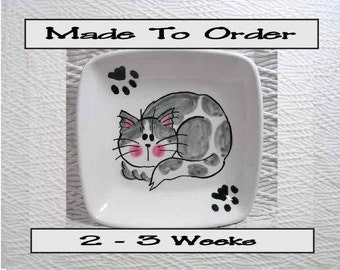 Grey & White Cat with Paw Prints On Square Ceramic Dish / Bowl Hanmade To Order by GMS