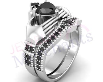 Engagement Ring with Wedding Band Heart Cut Black Moissanite Bridal Ring Set 925 Sterling Silver 14K White Gold Over Irish Claddagh Ring Set