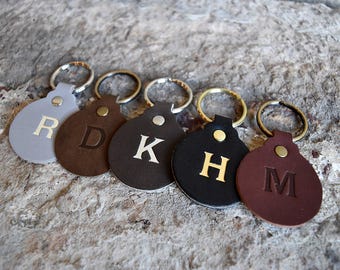 Custom Leather Circle Key Fob. Monogrammed Personalized Full Grain Leather Key Chain. Made In USA. Silver/Gold Foil Options.
