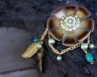 Handmade Repurpose Vintage Jewelry Components Gold Leaf Faux Pearl Bead & Antique Flower Rhinestone Button Brooch OOAK Salvage Upcycle Boho