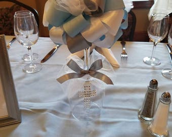 Ribbon Topiary on a Wine Glass Christening, Baptism, Confirmation, First Communion or any other special event