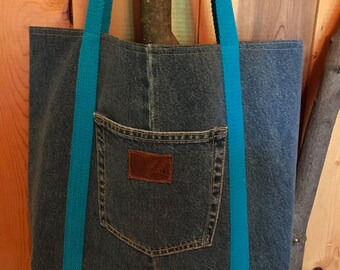 Upcycled Market Tote, Upcycled Denim Tote, Reusable Denim Shopping Bag, Denim Market Tote, Denim Grocery Bag