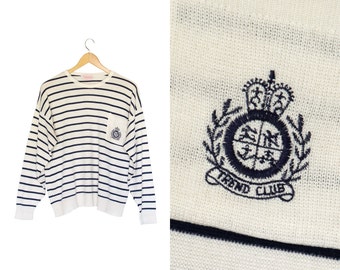 Vintage striped pullover. Navy blue and white. Womens sweater. Striped pullover sweater.