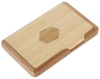 D20 Bamboo Business Card Holder With Laser Engraved Design - Business Card Keeper - Holds Up To 10 Cards