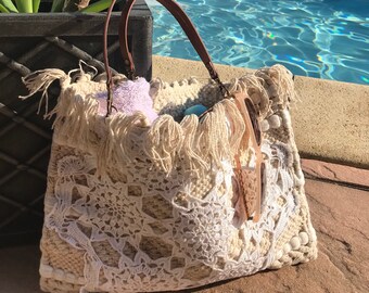 Macrame and embroidered carpet bag