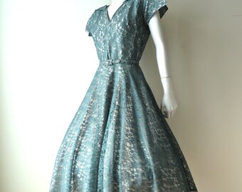 1950s Blue Rayon Dress with Lace Illusion Neckline