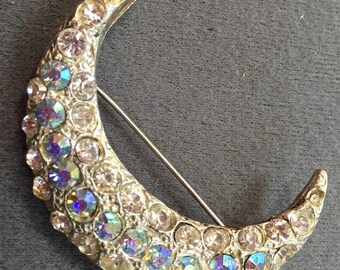 Vintage Crescent Brooch with Aurora Borealis Stones-Free shipping