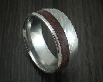 Damascus Steel and Red Dinosaur Bone Ring Custom Made Fossil Band