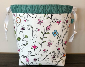 Springtime Sock Knitting Bag, Knitting Project Bag, Drawstring Bag, Small Project Bag, Crochet Bag,
