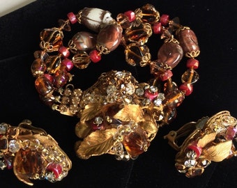Fabulous Vintage Miriam Haskell Bracelet Earring Set~Beads/RS/Filigree~Signed