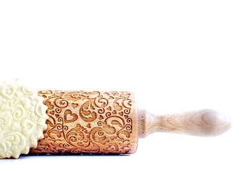 Rolling Pin engraved FLOWERS & HEARTS embossing Rolling Pin Wedding gift birthday gift, mariage gift
