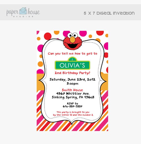 Elmo Birthday Party Invitation 5 X 7 Digital File
