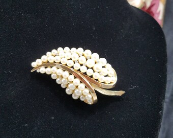 Classic & Elegant Crown Trifari Brooch with Faux Pearls and Rhinestones