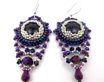 Embroidered earrings, Midnight blue purple gemstone, glass, silver, baroque style hooks
