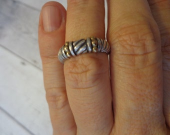 Vintage Mixed Metal 925 Sterling Silver and 10K Band Ring, Size 6 1/2, 2-Tone Gold and Silver Ring, Minimalist Ring