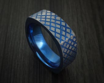 Titanium anodized square ring with crosshatch pattern custom made band