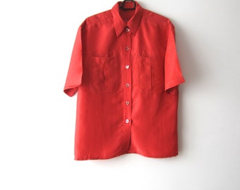 Vintage Betty Barclay Women's Silk Shirt Red Short Sleeve Button Up Medium Size Silk Blouse Classic Women's Shirt Comfortable Silk Shirt