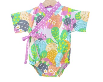 Baby Kimono Bodysuit - CACTUS BLOOM - Japanese kimono onesie for baby and toddler