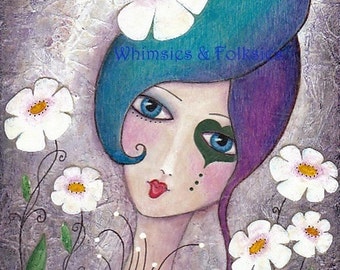 Whimsical Girl Folk Art - Funky Rainbow Hair Print by Joann Loftus