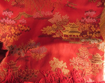 Vintage Red Pagoda Silk Table Cloth or Toile Kimono Fabric