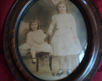 Convex Bubble Glass 19 X 21 Wood Tiger Stripe Frame having Portrait of Two Young Girls probably Sisters