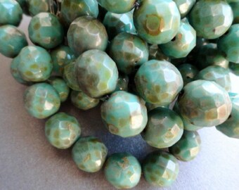 Premium Czech Glass Beads - 12mm Turquoise Picasso - Faceted Rounds - 12mm Fire Polished - Bead Soup Beads
