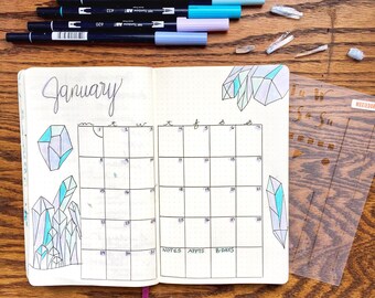 Monthly Planner Calendar Spread Bullet Journal Stencil Layout for Travelers Notebook Leuchtturm Moleskine